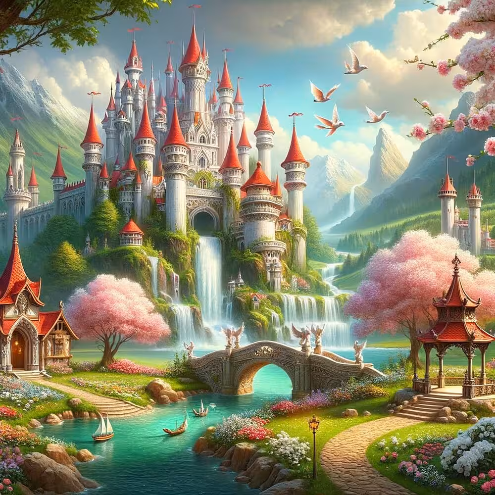 A vibrant fantasy castle generated by DALL-E, showcasing a clear, illustrative style with bright lighting and coherent architectural details.